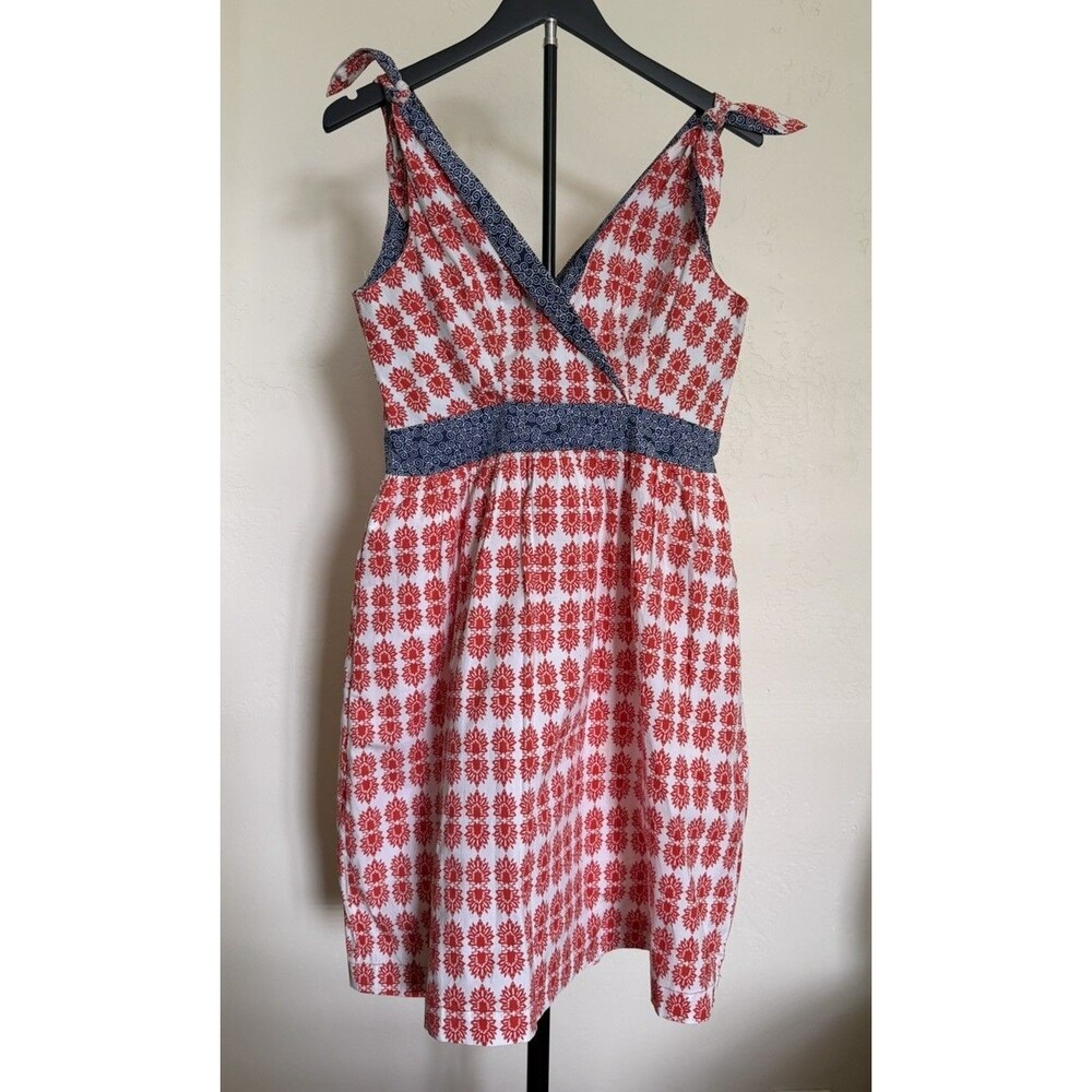 Dizzy Lizzie Tie Shoulder Fit & Flare Sundress Size S Block Print Red White Blue